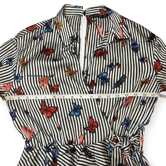 Zara Basic Butterfly Print White Black Striped Wrap Romper Vacation Cruise Sz S - Picture 11 of 12